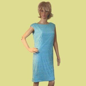 Handcrafted Sky Blue Crochet Overlay Sleeveless Dress With Boat Neckline & Back